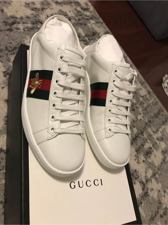 Gucci Shoes - Gucci White Leather Sneakers with Green & Red Web and Gold Bee